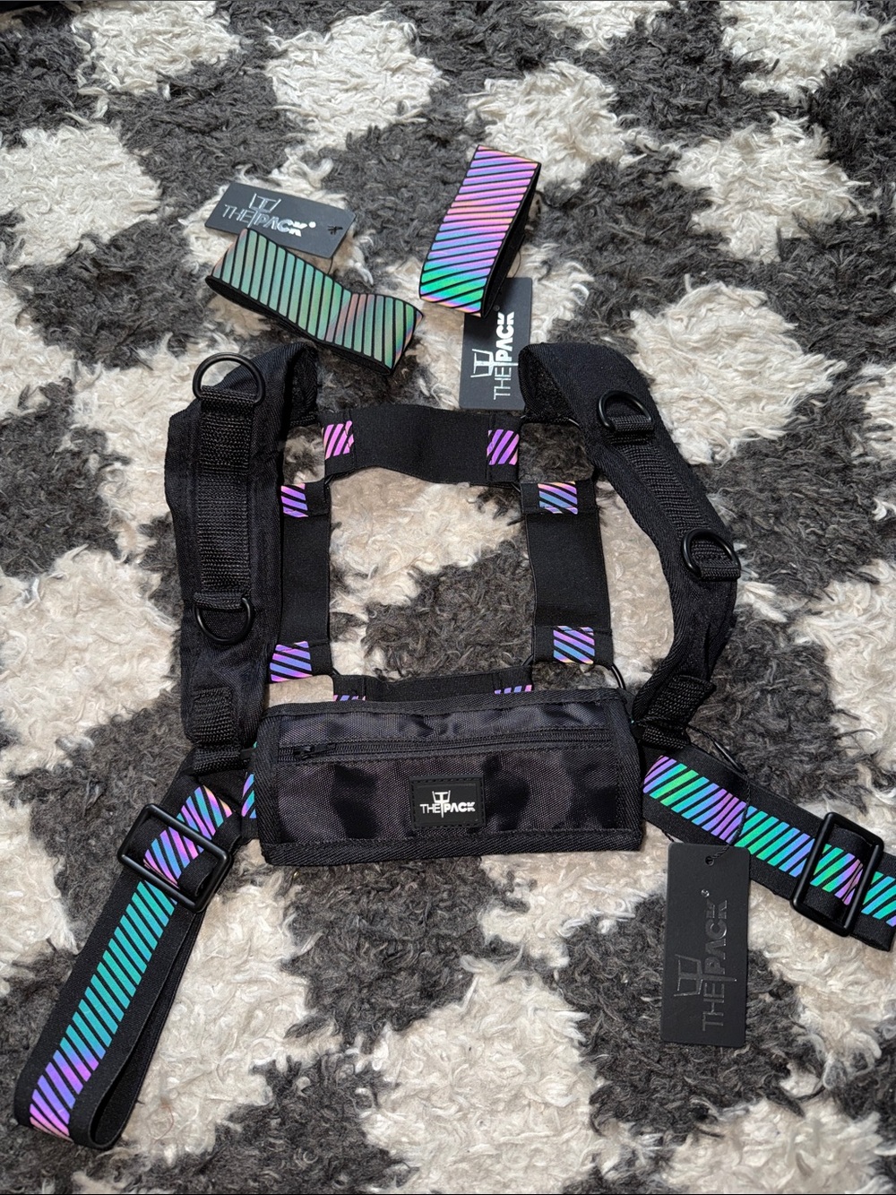 Reflective Festival Chest Harness Bag with Arm Bands Black NWT
